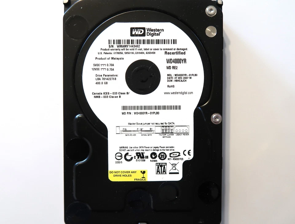 WD WD4000YR-01PLB0 HBHCAJCH (WMAM) Malaysia 400gb 3.5" Sata HDD 27DEC2007 - Image 1 of 1