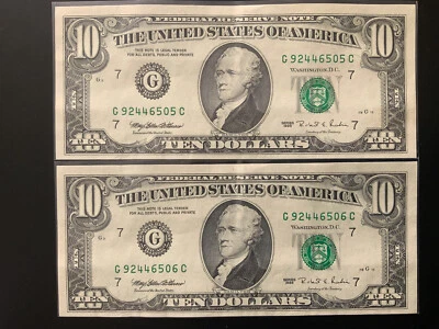 1995 $10 DOLLAR BILL Set of 2 G92446505C G92446506C Sequential Serial #s. - Image 1 of 4