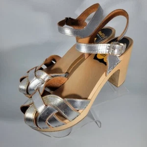 SWEDISH HASBEENS Metallic Leather Wood Heeled Clog Sandals Size EU 40 *flaw - Picture 1 of 12