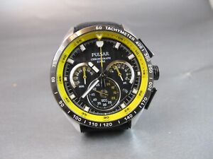 Seiko Pulsar Men'S Watch Vk63-X001 Black Dial Ss Leather Yellow Chronograph Dat