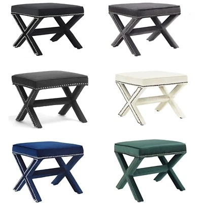 Hallway Bedroom Bench Stool Ottoman Nail Head Trim Black, Gray, Blue, White - Image 1 of 4