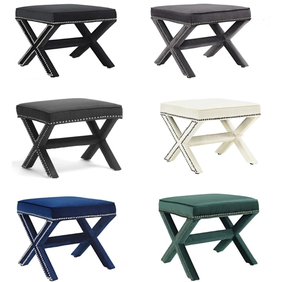 Hallway Bedroom Bench Stool Ottoman Nail Head Trim Black, Gray, Blue, White - Image 1 of 4