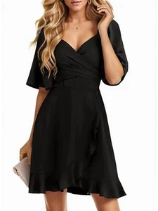 Women's Wrap V Neck Short Flared Sleeve Dress Smocked Tiered Belted Ruffle Hem - Picture 1 of 15