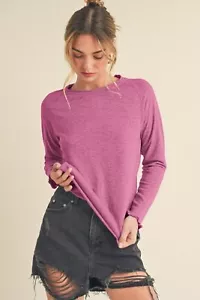 Cotton Lettuce Hem Raglan Sleeve Round Neck T-Shirt - Picture 1 of 6
