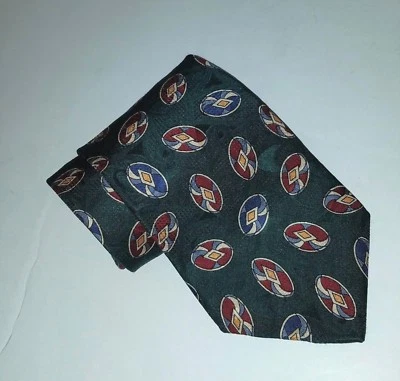 Liberty of London Green Multi-Colored Geometric Print Textured 4" Wide Silk Tie Foto 1 de 3