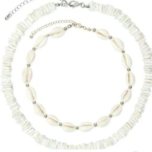 White Puka Shell Choker Necklace Set-2 Cowrie Seashell Necklace Conch Surf Boho