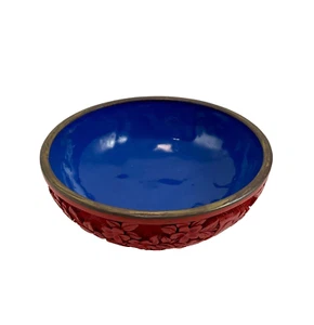Chinese Hand Carved Red CINNABAR LAQUER Bronze Bowl w/Blue Interior #215B - Picture 1 of 6