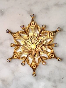 Vintage MYLU Gold Tone Snowflake Brooch AB Rhinestones Winter Brooch Jewelry - Picture 1 of 5