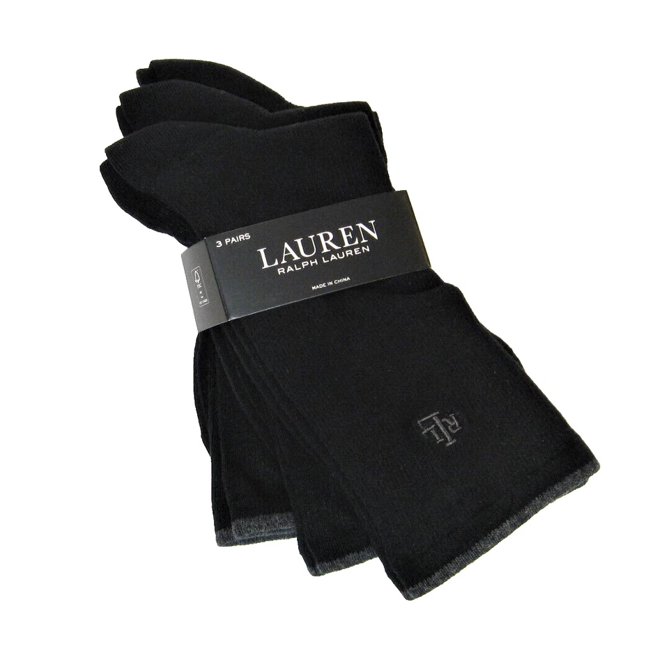 3 PR Ralph Lauren Damas Calcetines Crew Acanalados Bordados RLL Negros con Borde Carbón Foto 1 de 1