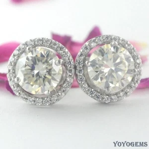 Solid 14K White Gold Moissanite Halo Stud Earrings Round Cut 2.50 Carat VVS1 - Picture 1 of 7