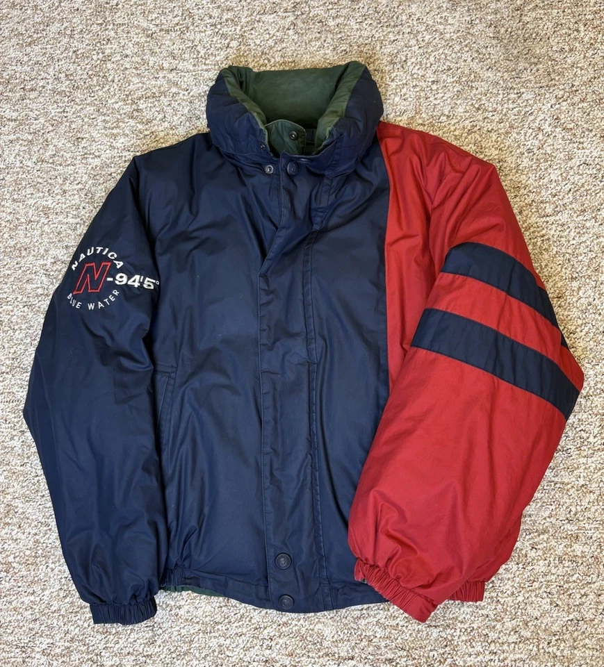 Vintage Nautica Reversible Down Puffer Jacket Y2K Colorblock Nautical • Large - Image 1 of 4