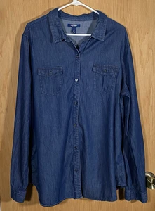 Old Navy Women’s Plus Sz 2XL Dark Chambray Button Down Shirt Western Cotton - Picture 1 of 7