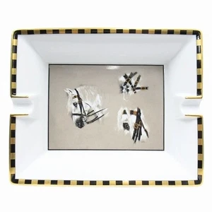 HERMES Paris Ashtray Horse Gold Stripe Square Plate Dish Porcelain Tray No Box - Picture 1 of 6