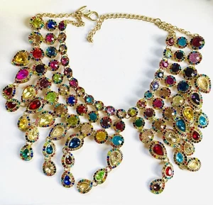 BIG Signed Natasha Sparkle Statement Multicolor Bib Necklace Pink -note Damage - Picture 1 of 17