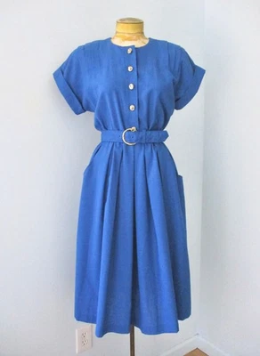 Vtg 70s 80s Cobalt Blue Shirtwaist Secretary Dress Buckle Belt Pockets Petite 8P - Image 1 of 4