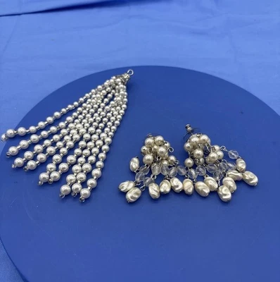 Vtg Imitation Pearl Tassel Earrings Dangle + Charm Tassel - Image 1 of 4