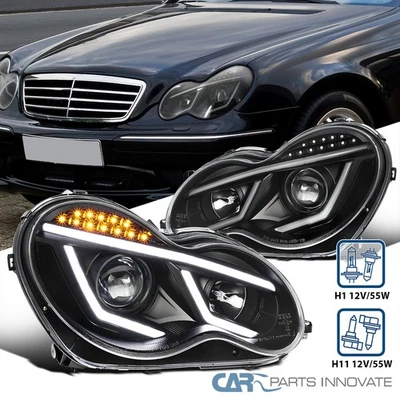 Black Fits 2001-2007 Mercedes Benz W203 C230 C240 LED Strip Projector Headlights - Image 1 of 4