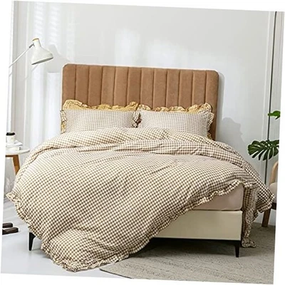 Ruffle Duvet Cover Twin Size, 100% Microfibre Vintage Ruffle Plaid Twin 66"x90" - Image 1 of 4