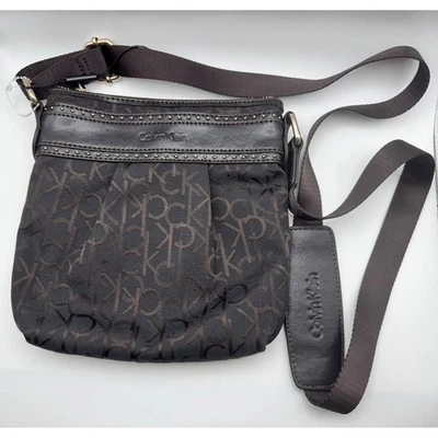 Vintage Calvin Klein Monogram Logo Jacquard Crossbody Bag Dark Brown Gold Studs - Image 1 of 4