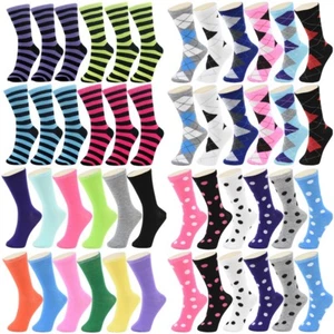 Lot 12 Pairs Cotton Womens Girl Argyle Stripe School Casual Crew Socks Size 9-11 - Picture 1 of 21