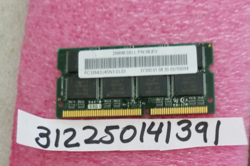 DELL 256MB 32X64 PC100 SDRAM  SODIMM 144PIN ORIGINAL DELL MEMORY 58JEV NON-ECC - Image 1 of 1