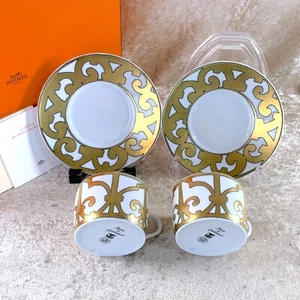 Hermes Paris Guadalquivir Gold Tea Cup & Saucer 2 Sets Porcelain Tableware wBox - Picture 1 of 18