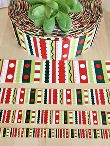 3/8, 5/8 7/8 & 1.5" (1 YD Christmas Grosgrain Ribbon Red Green Striped Polka Dot - Picture 1 of 2