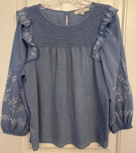Loft Size Large Long Sleeve Smocked Bodice Chambray W/Embroidery On Sleeves - Picture 1 of 5