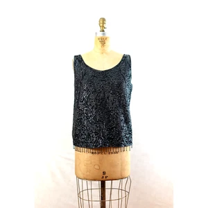 Vintage 60s Sleeveless Beaded Black Black Sequin Fringe Blouse, Flapper, Med - Picture 1 of 11