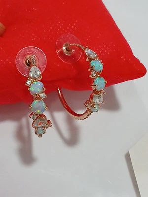 Bomb Party Earrings- 8316- Big Hoops- Lab Created Ice Blue Opal- Rhodium Plated - Image 1 of 4