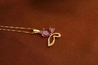 14K Yellow Gold Plated 1.30 Ct  Pear Lab-Created Pink RubyButterlfy Pendant - Image 1 of 4