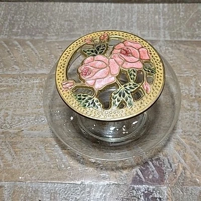Tarro de vidrio popurrí tapa de latón diseño floral plato de caramelo rosas rosadas de colección hecho en la India Foto 1 de 4