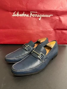 Salvatore Ferragamo Mens MASTER Blue Shoes Gancini horse Bit Loafers 8EE $1090 - Picture 1 of 17