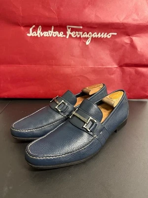 Salvatore Ferragamo Mens MASTER Blue Shoes Gancini horse Bit Loafers 8EE $1090 - Image 1 of 4