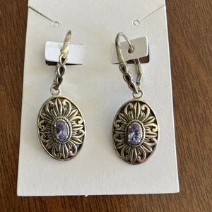 Sterling Silver Earrings genuine  Amethyst Oval gemstone dangle  Bali - Picture 1 of 4