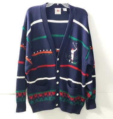 Cárdigan de Colección Años 90 Algodón Traders Sport XL AZUL MARINO Multi Rayas Golf Suéter Botón Foto 1 de 4