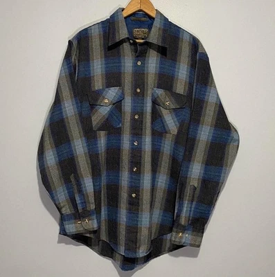 Vintage 70s Block Flannel Shirt Shadow Plaid Western Large Ombré Acrylic Wool - Image 1 of 4
