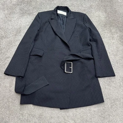 Zara Woman Studio Long Blazer Belted Coat Womens XS Navy Blue Striped Travel - Image 1 of 4
