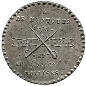 MEDALLA DE HOJALATA FRANCIA LIMOGES 1851 PREFECTO DE MENTQUE Y GENERAL SOLLIERS 56MM 32G - Imagen 1 de 4