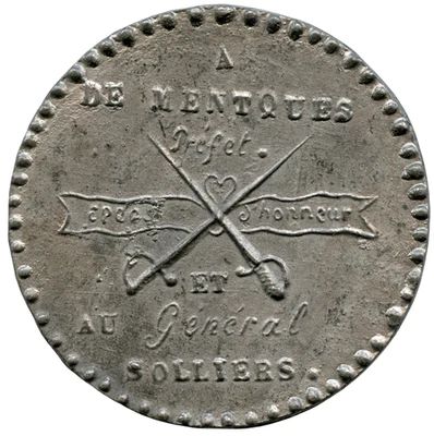 FRANCE LIMOGES 1851 PREFECT DE MENTQUE & GENERAL SOLLIERS TIN MEDAL 56MM 32G - Image 1 of 4