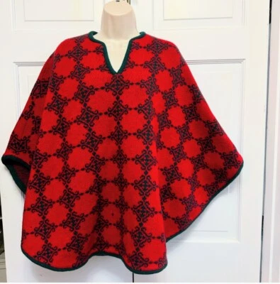 Винтажный викторианский пончо красный зеленый шетландская шерсть Австрия Strick Meister австрийский - Изображение 1 из 4