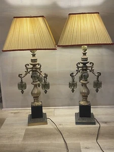 Pair Of Antique Metal Lamps With Grass And Shades-32”H - Picture 1 of 10