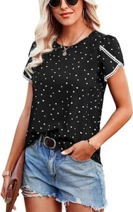 Women's tops casual lace crochet short sleeve crewneck summer loose blouse shirt - Picture 1 of 13