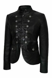 Women's Real Leather Military Style Black Retro Jacket Classic Rock Vintage Coat - Picture 1 of 9