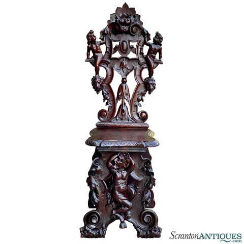 Antique Italian Renaissance Revival Carved Walnut Figural Chair Cover