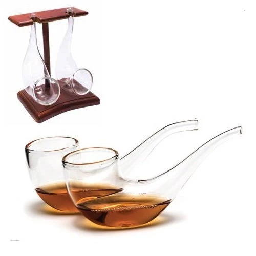 Set of 2 BRANDY Sipping Glasses With WOODEN STAND Pipe Whisky Port Sippers Gift - Image 1 of 3