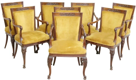 Armchairs,  8, Continental Carved Mahogany Yellow Velvet, Vintage / Antique!! Cover