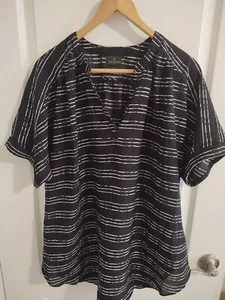 Worthington Womens Blouse Black Stripe Short Sleeve V-Neck Polyester Size Large - Picture 1 of 3