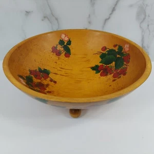 Hand Painted Wood Serving Dough Bowl Strawberries 3 Ball Feet VTG 1961 Signed - Picture 1 of 13