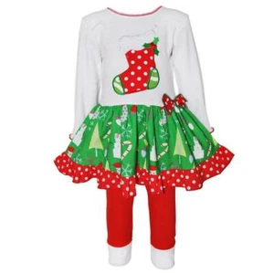 AnnLoren Girls Christmas Stocking Dropwaist Dress & Pants Set 12-18 or 24 Months - Imagen 1 de 3